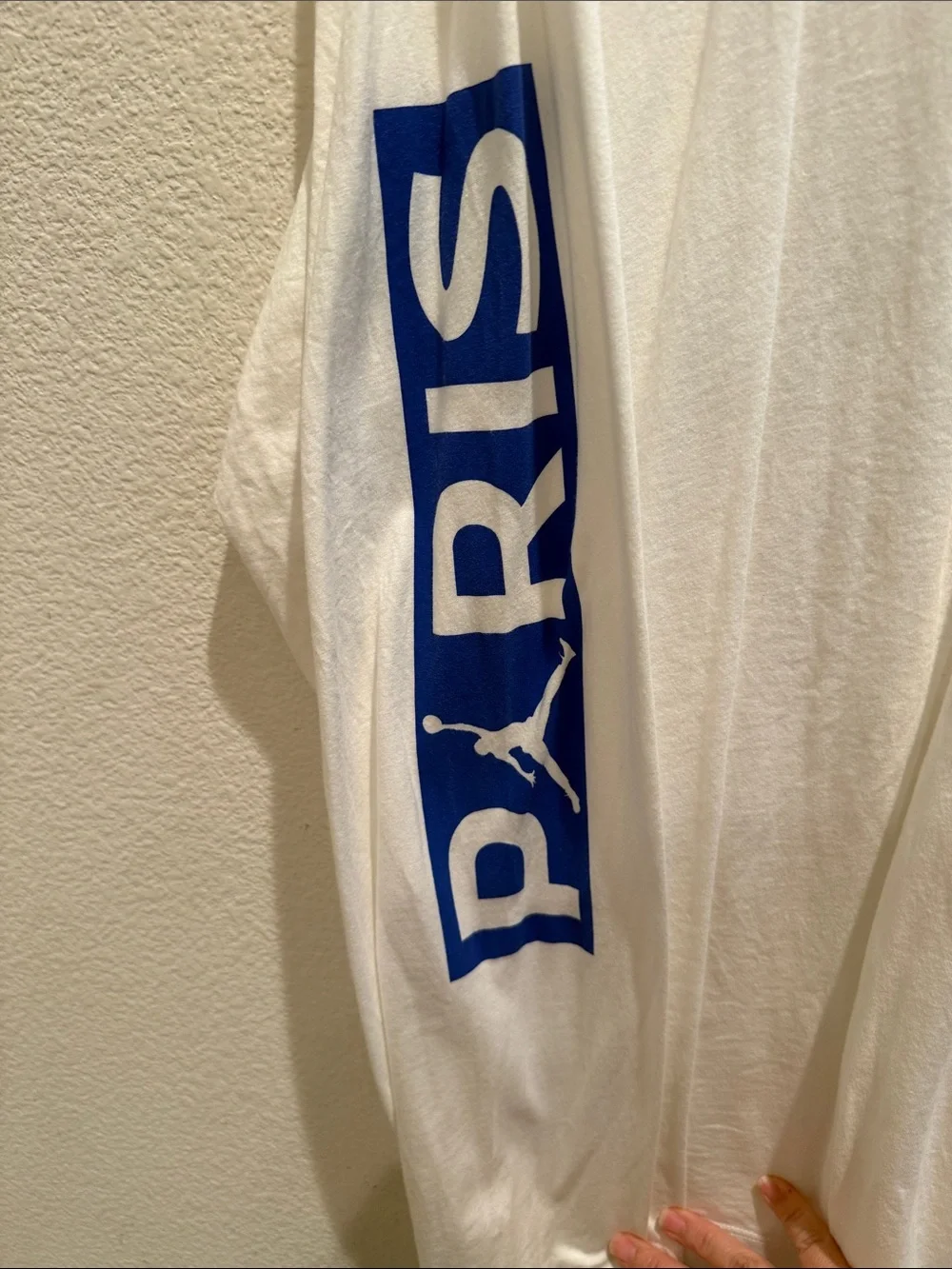Jordan White Long Sleeve Tee with Blue and Red Sleeve Graphics